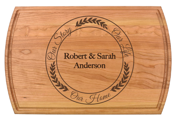 The Our Story Charcuterie Board makes a memorable gift for weddings, housewarmings, corporate recognition, or other special occasions. Truly unique, this premium hardwood board is easy to maintain. Its lasting beauty makes it one of our top-selling gifts.  Dimensions:  10 1/2" x 16" x 3/4"