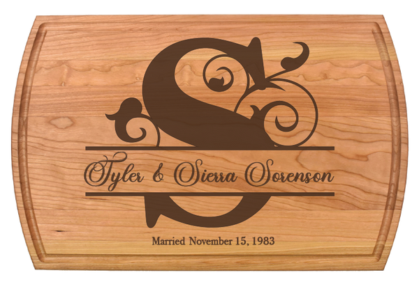 The Monogram Charcuterie Board makes a memorable gift for weddings, housewarmings, corporate recognition, or other special occasions. Truly unique, this premium hardwood board is easy to maintain. Its lasting beauty makes it one of our top-selling gifts.   Dimensions:  10 1/2" x 16" x 3/4"
